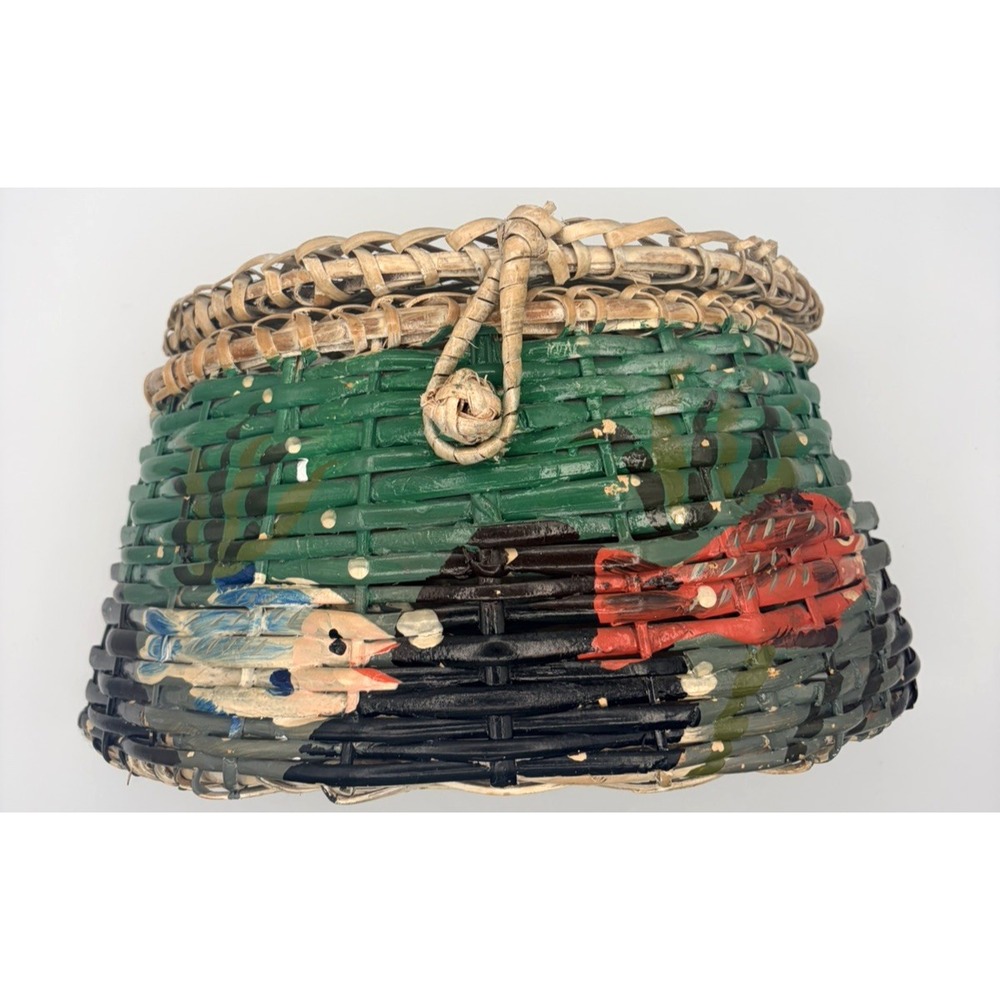 Vintage Large 15" Woven Fishing Creel Basket Fish Rattan Mid Century Lodge Deco